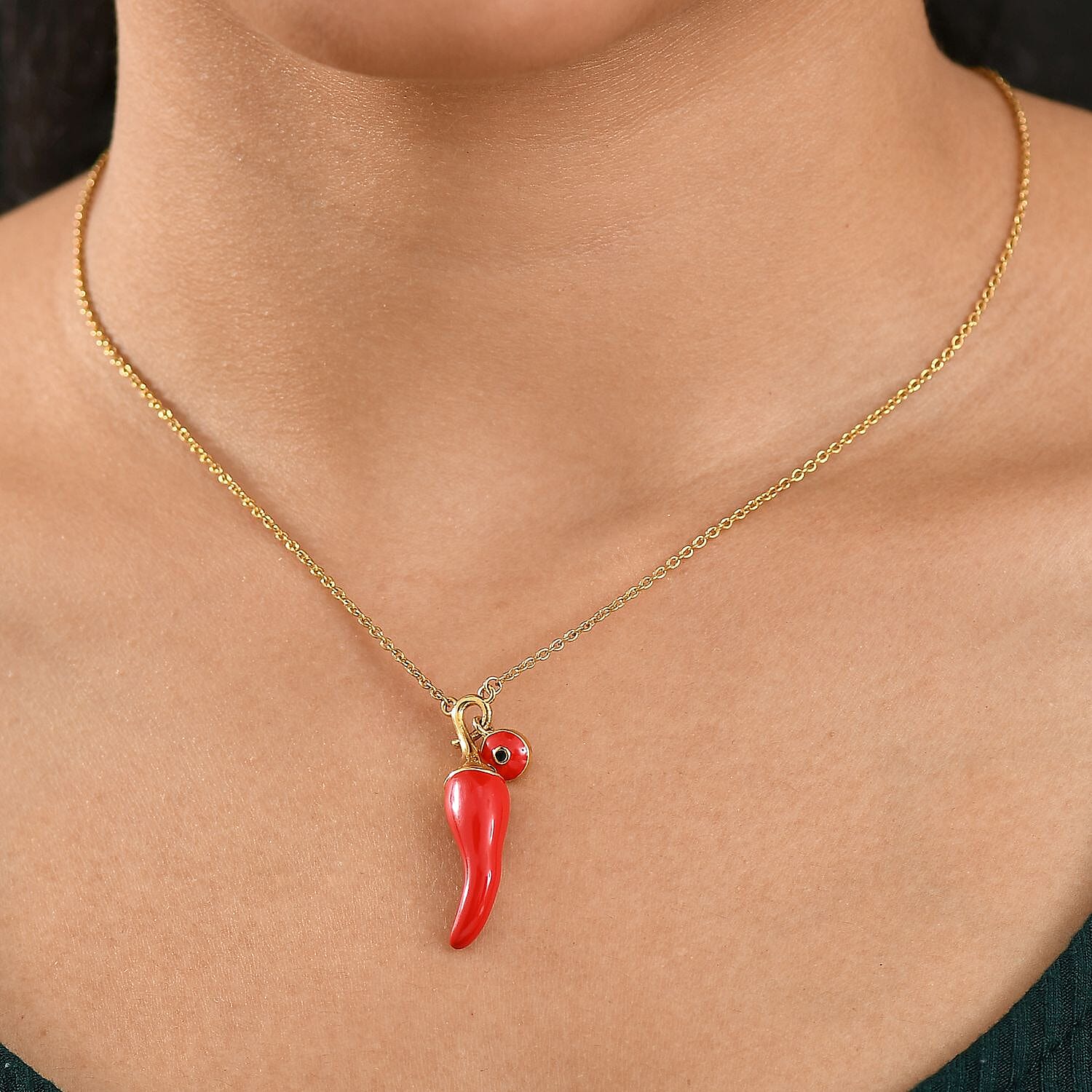 GP Chilli Pepper Collection - Blue Sapphire Enamelled Charm Necklace (Size - 20) in 18K Vermeil Yellow Gold Plated Sterling Silver, Silver Wt.7.08 Gms.