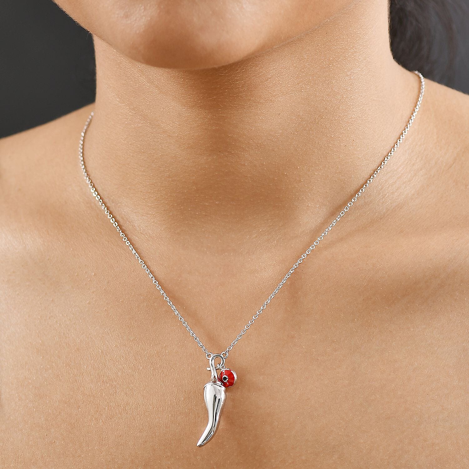 GP Chilli Pepper Collection - Blue Sapphire Plain Charm Necklace (Size - 20) in Rhodium Overlay Sterling Silver, Silver Wt. 7.10 Gms.