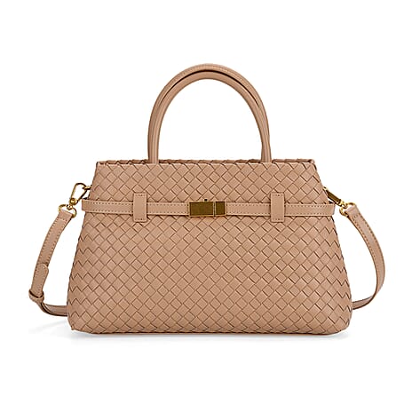 Designer Inspired - La Marey Woven Pattern Genuine Leather Crossbody Bag with Top Handle - Beige