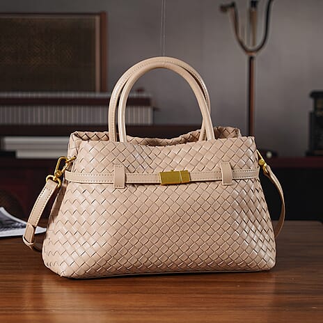 Designer Inspired - La Marey Woven Pattern Genuine Leather Crossbody Bag with Top Handle - Beige