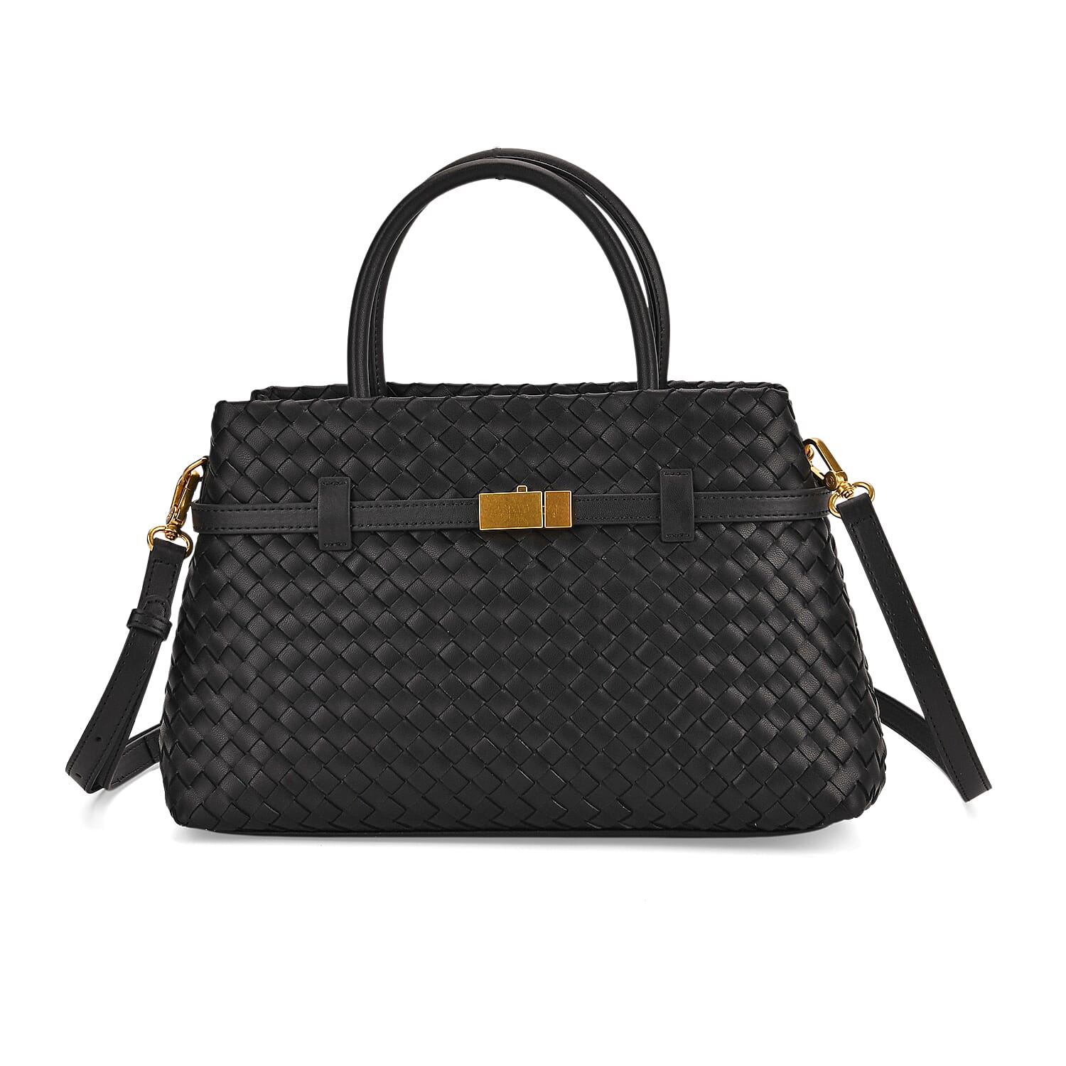 Designer Inspired - La Marey Woven Pattern Genuine Leather Crossbody Bag with Top Handle - Black