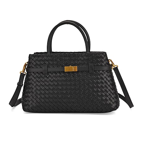 Designer Inspired - La Marey Woven Pattern Genuine Leather Crossbody Bag with Top Handle - Black