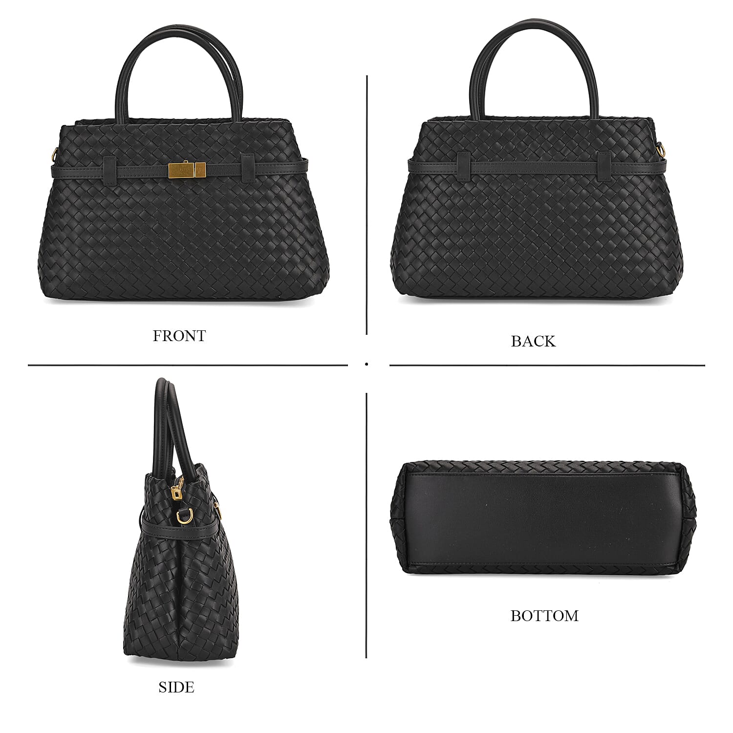 Designer Inspired - La Marey Woven Pattern Genuine Leather Crossbody Bag with Top Handle - Black