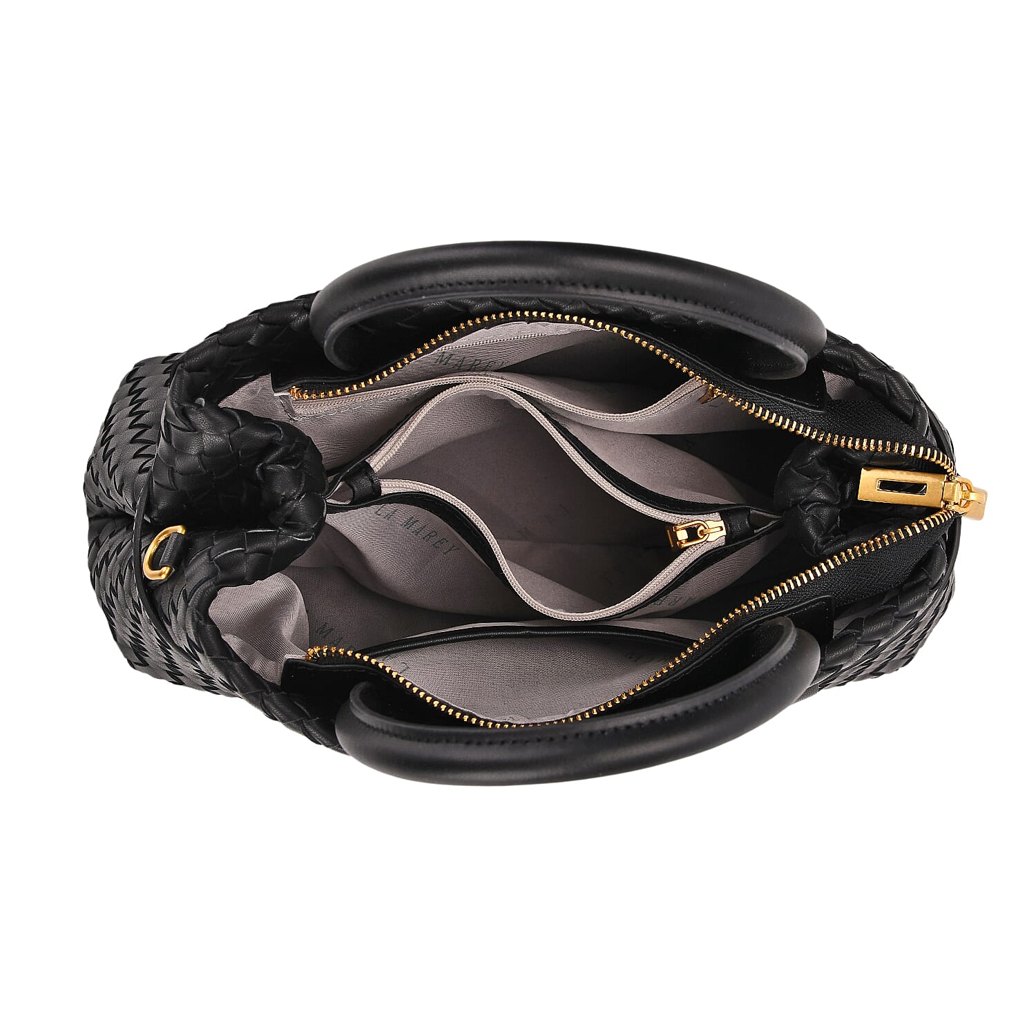 Designer Inspired - La Marey Woven Pattern Genuine Leather Crossbody Bag with Top Handle - Black