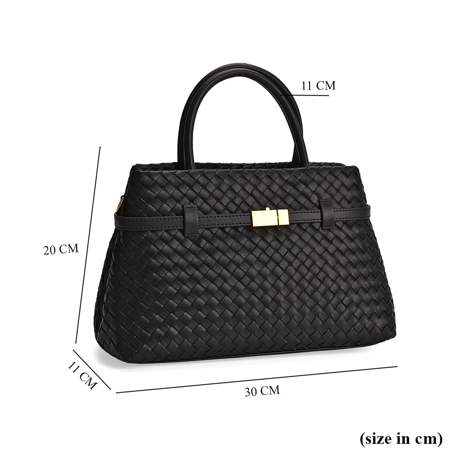 Designer Inspired - La Marey Woven Pattern Genuine Leather Crossbody Bag with Top Handle - Black