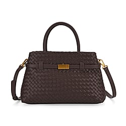 Designer Inspired - La Marey Woven Pattern Genuine Leather Crossbody Bag with Top Handle - Coffee