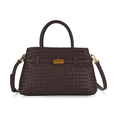 Designer Inspired - La Marey Woven Pattern Genuine Leather Crossbody Bag with Top Handle - Coffee