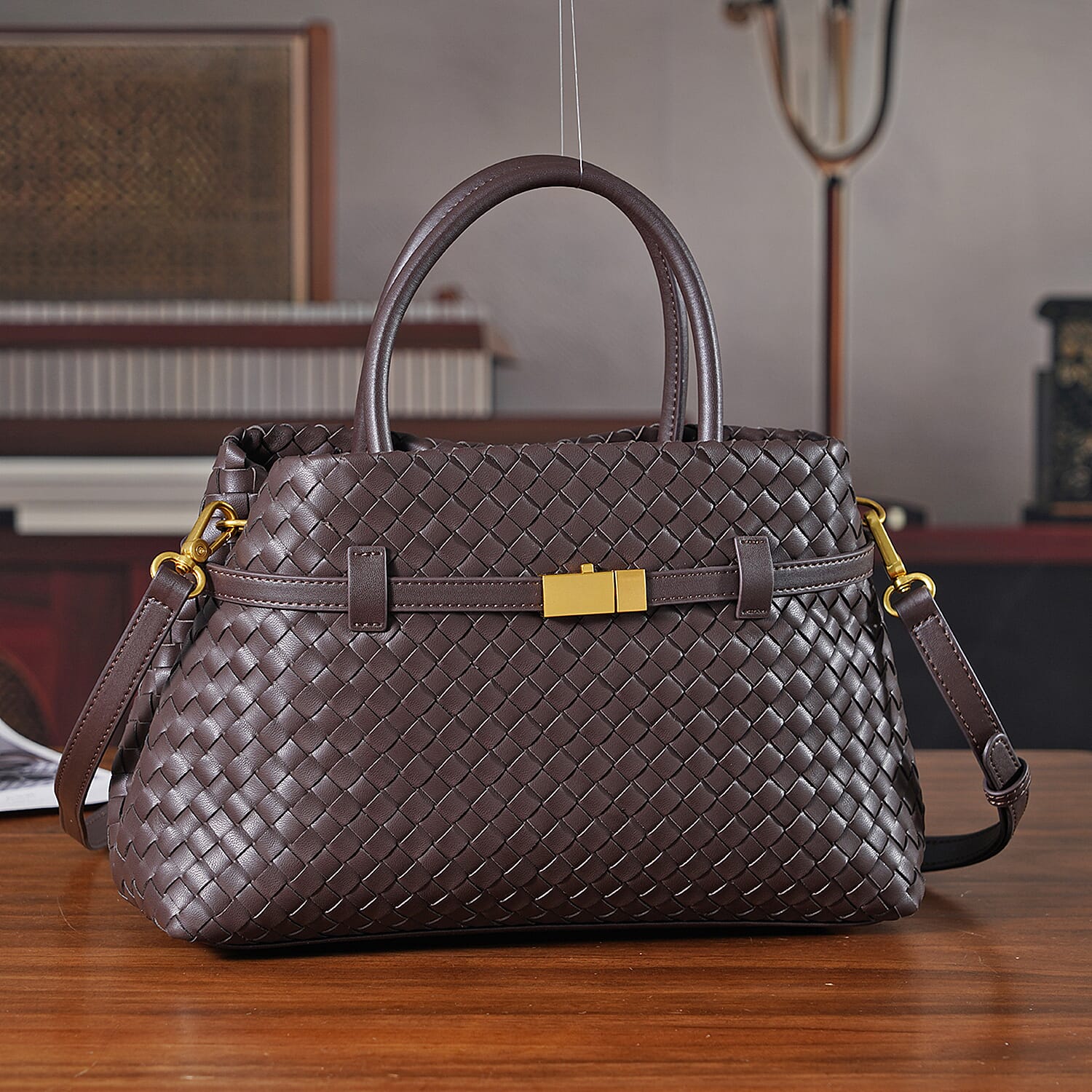 Designer Inspired - La Marey Woven Pattern Genuine Leather Crossbody Bag with Top Handle - Coffee