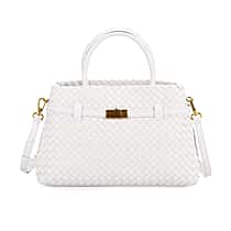 Designer Inspired -La Marey Woven Pattern Genuine Leather Crossbody Bag with Top Handle - White