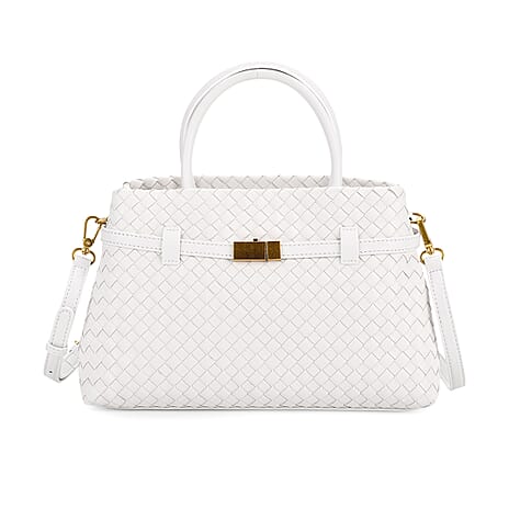 Designer Inspired -La Marey Woven Pattern Genuine Leather Crossbody Bag with Top Handle - White