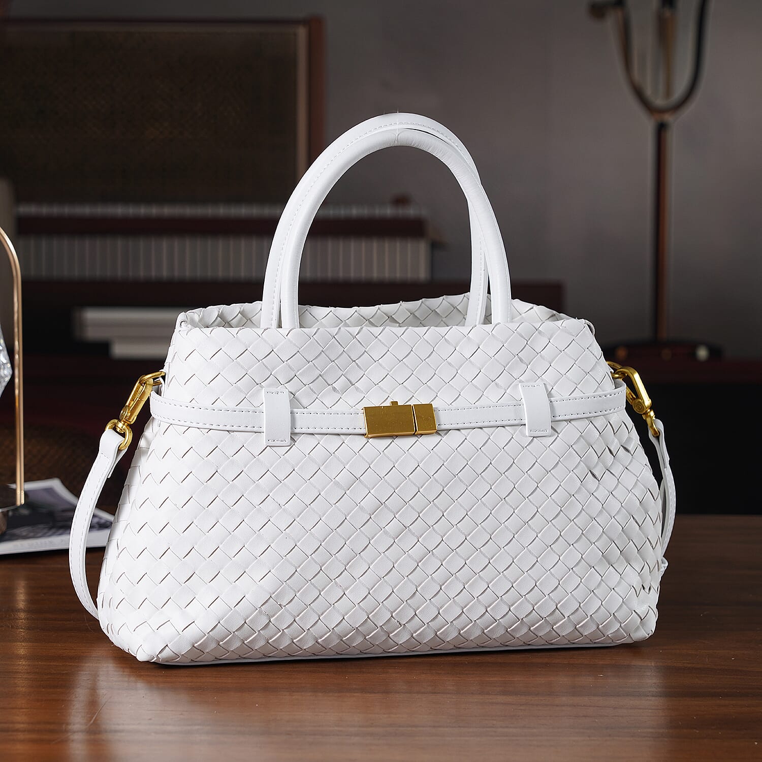 Designer Inspired -La Marey Woven Pattern Genuine Leather Crossbody Bag with Top Handle - White