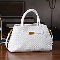 Designer Inspired -La Marey Woven Pattern Genuine Leather Crossbody Bag with Top Handle - White
