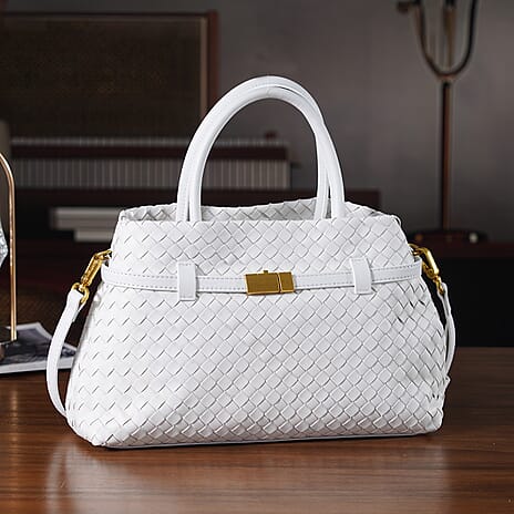 Designer Inspired La Marey Woven Pattern Genuine Leather Crossbody Bag with Top Handle - White