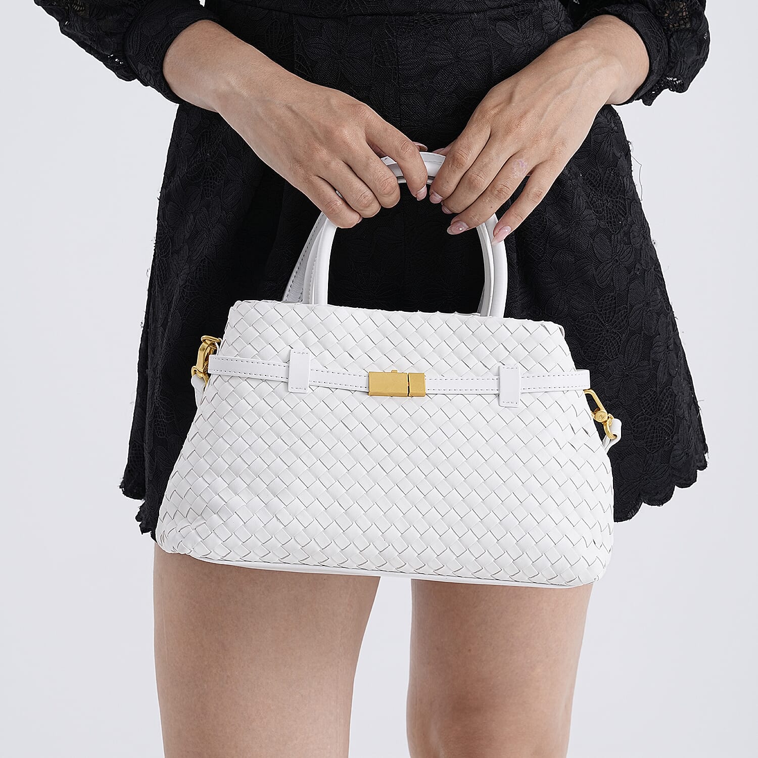 Designer Inspired -La Marey Woven Pattern Genuine Leather Crossbody Bag with Top Handle - White