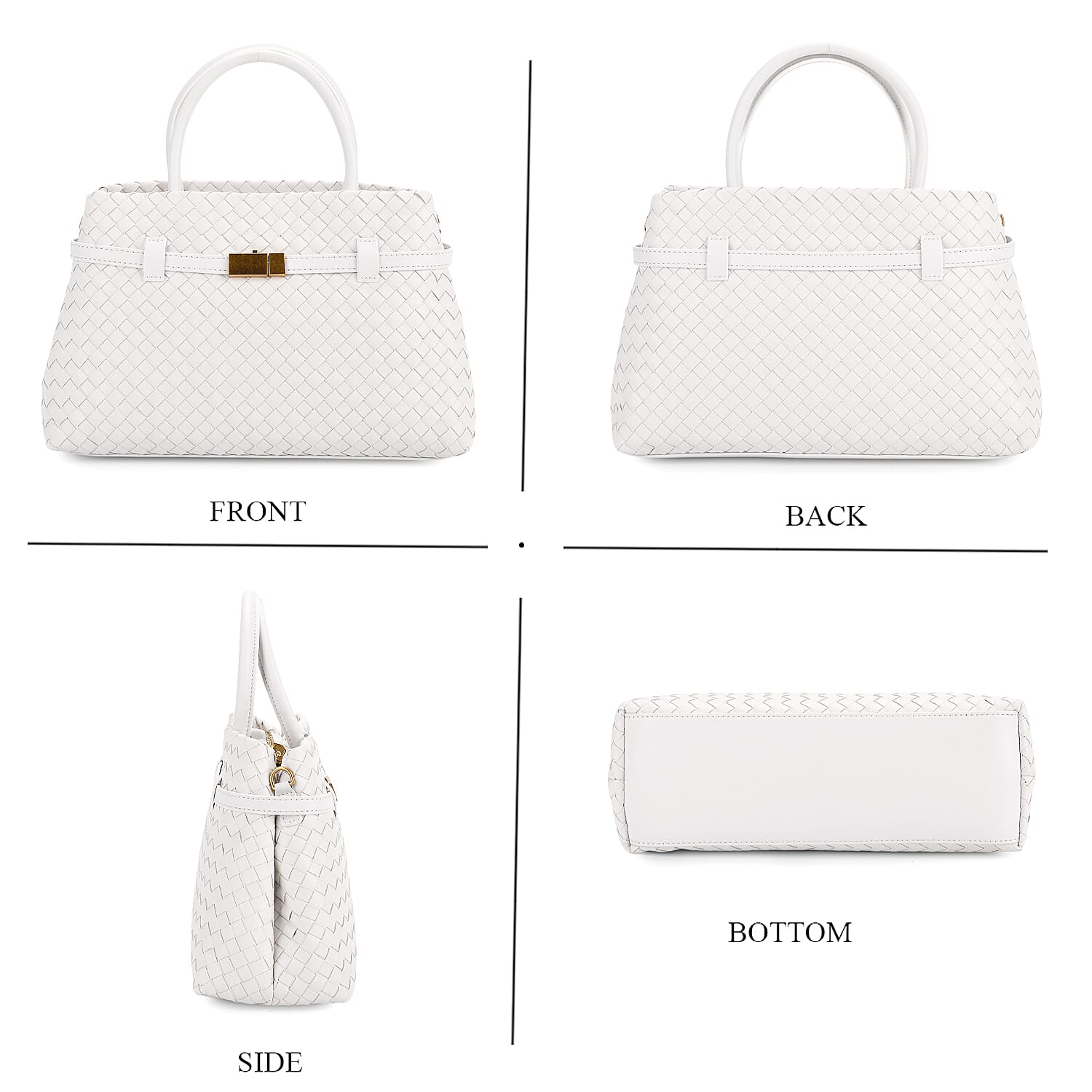 Designer Inspired -La Marey Woven Pattern Genuine Leather Crossbody Bag with Top Handle - White