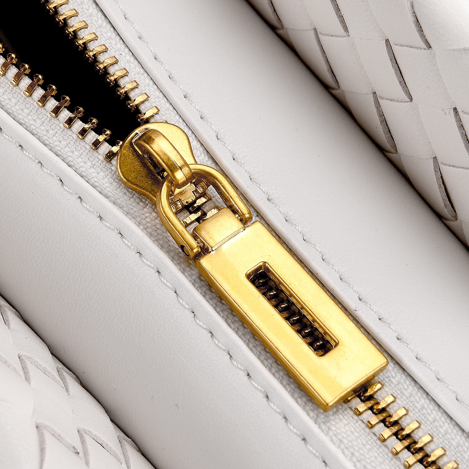 Designer Inspired -La Marey Woven Pattern Genuine Leather Crossbody Bag with Top Handle - White