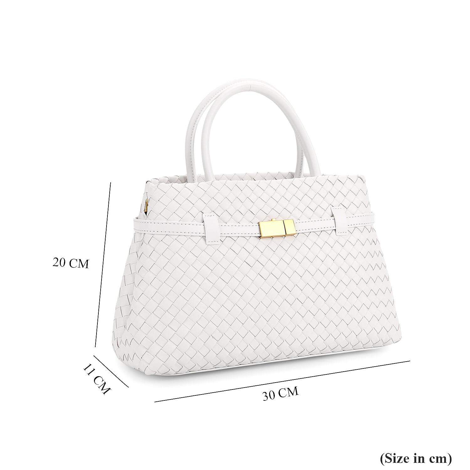 Designer Inspired -La Marey Woven Pattern Genuine Leather Crossbody Bag with Top Handle - White