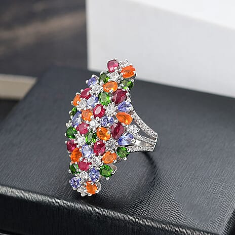 Tanzanite, Fire Opal & Multi Gemstones Ring in Rhodium Overlay Sterling Silver 8.34 Ct, Silver Wt.9.83 Gms.