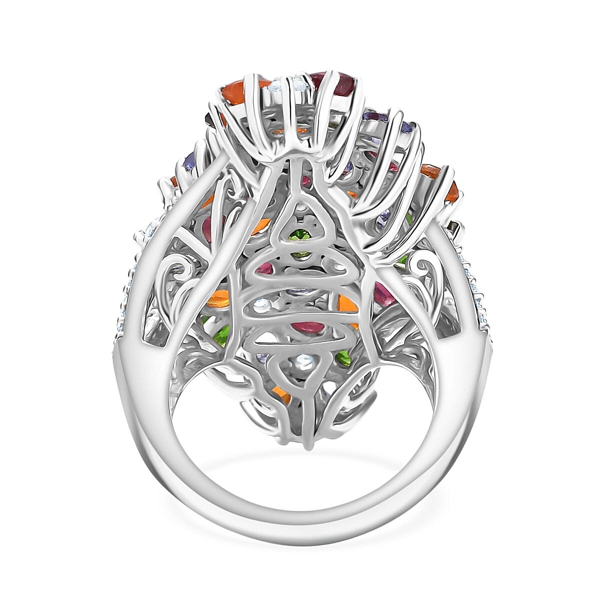 Tanzanite, Fire Opal & Multi Gemstones Ring in Rhodium Overlay Sterling Silver 8.34 Ct, Silver Wt.9.83 Gms. Tanzanite, Fire Opal & Multi Gemstones Ring in Rhodium Overlay Sterling Silver 8.34 Ct, Silver Wt.9.83 Gms.