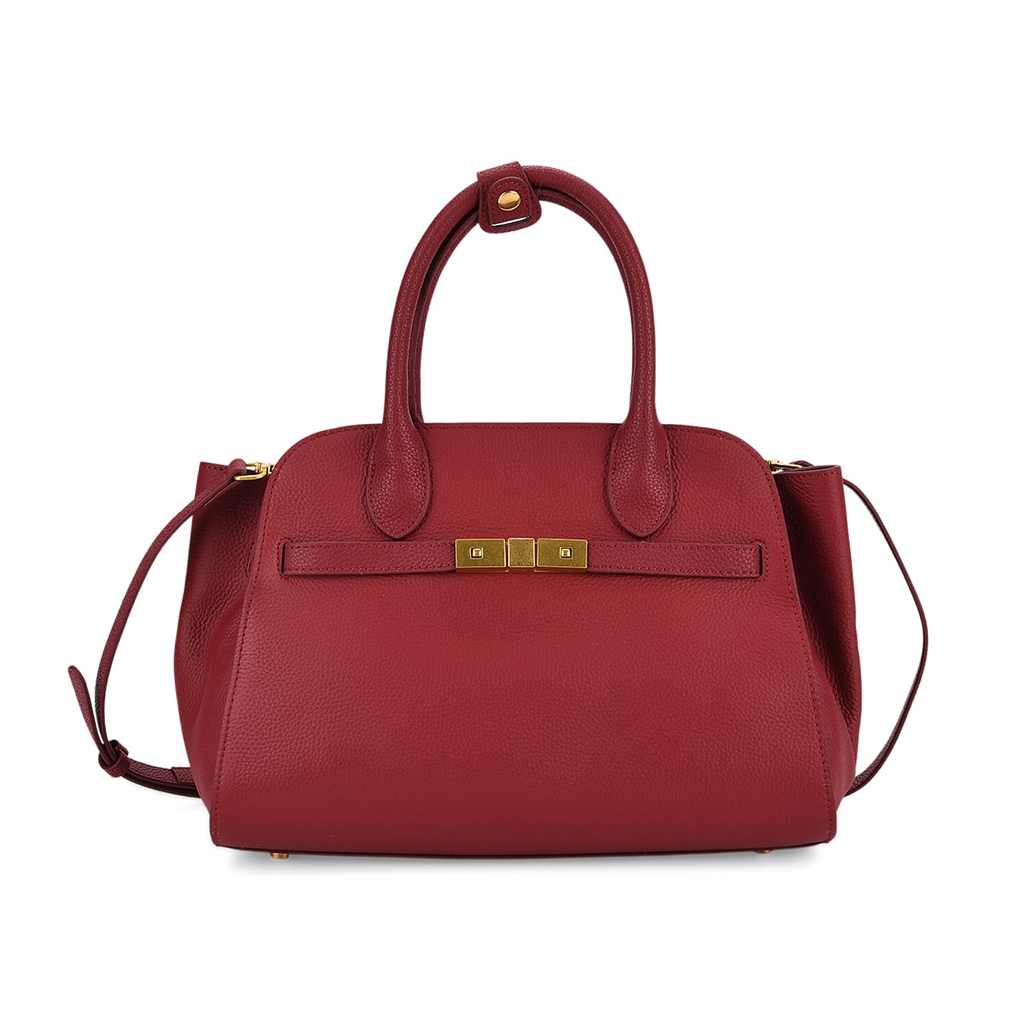 Genuine Leather Structured Top Handle Handbag with Gold Clasp & Shoulder Strap - Burgundy