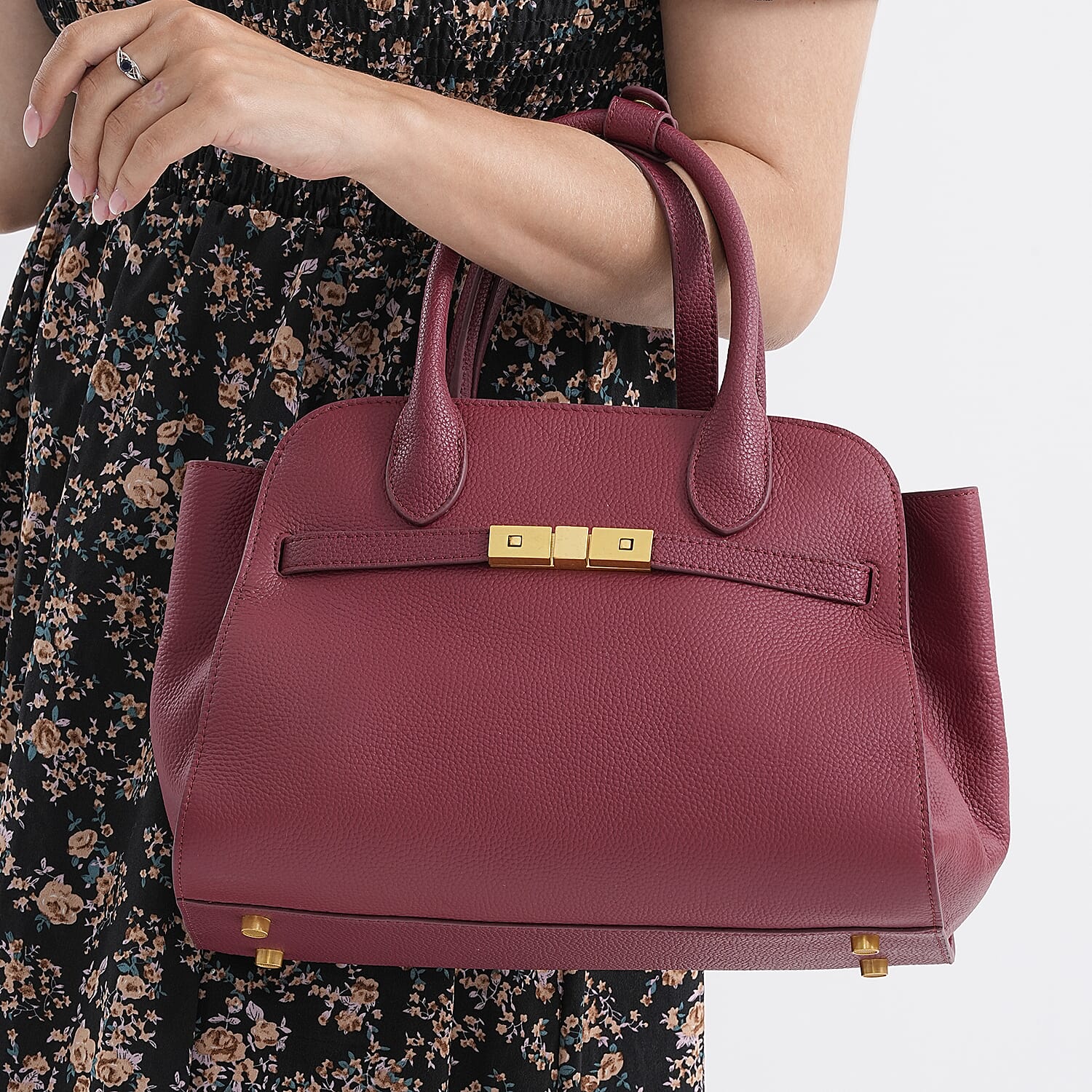 Genuine Leather Structured Top Handle Handbag with Gold Clasp & Shoulder Strap - Burgundy
