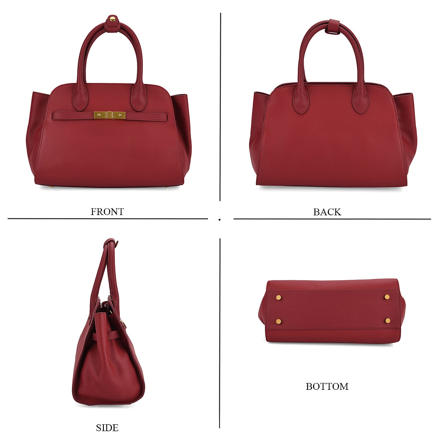 Genuine Leather Structured Top Handle Handbag with Gold Clasp & Shoulder Strap - Burgundy
