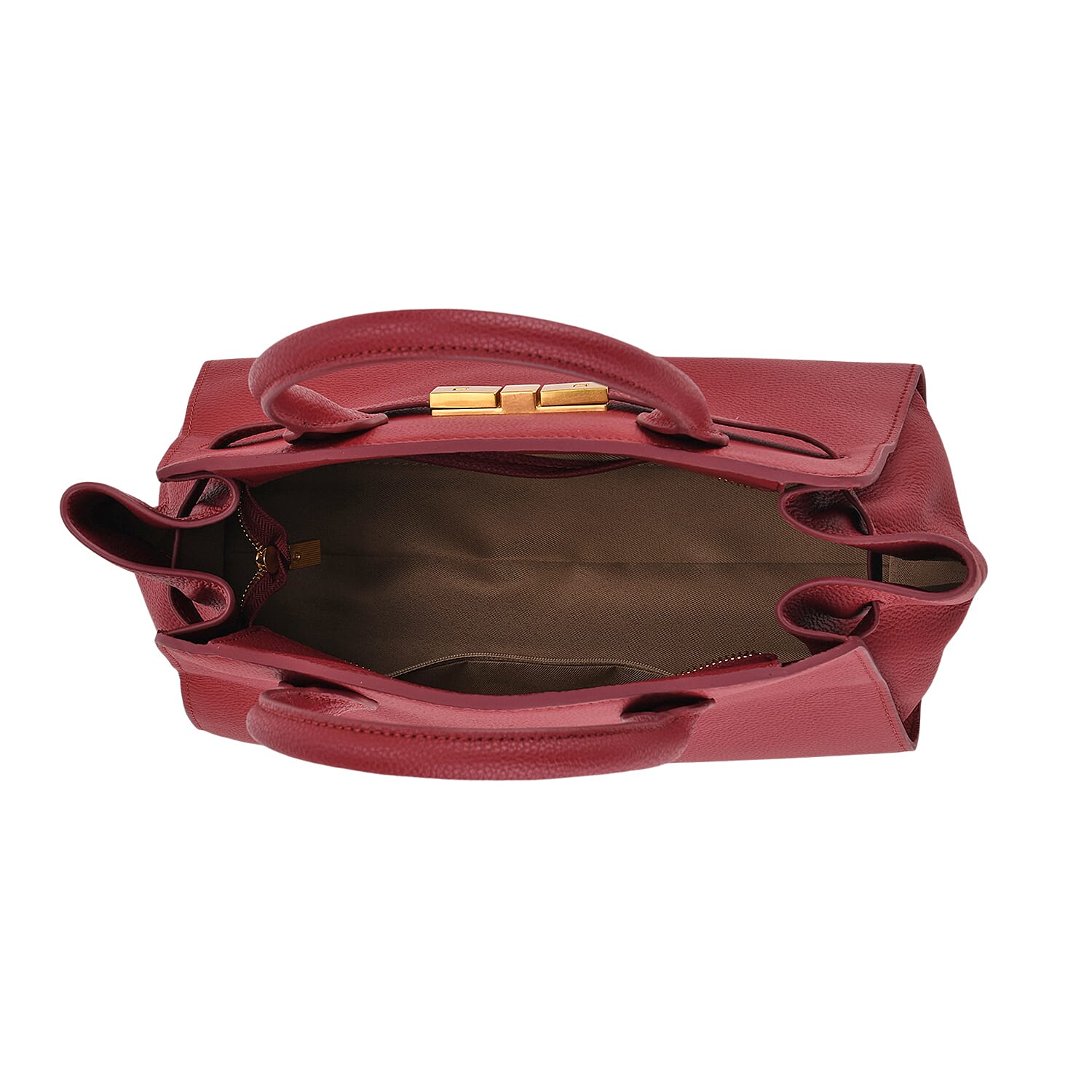 Genuine Leather Structured Top Handle Handbag with Gold Clasp & Shoulder Strap - Burgundy