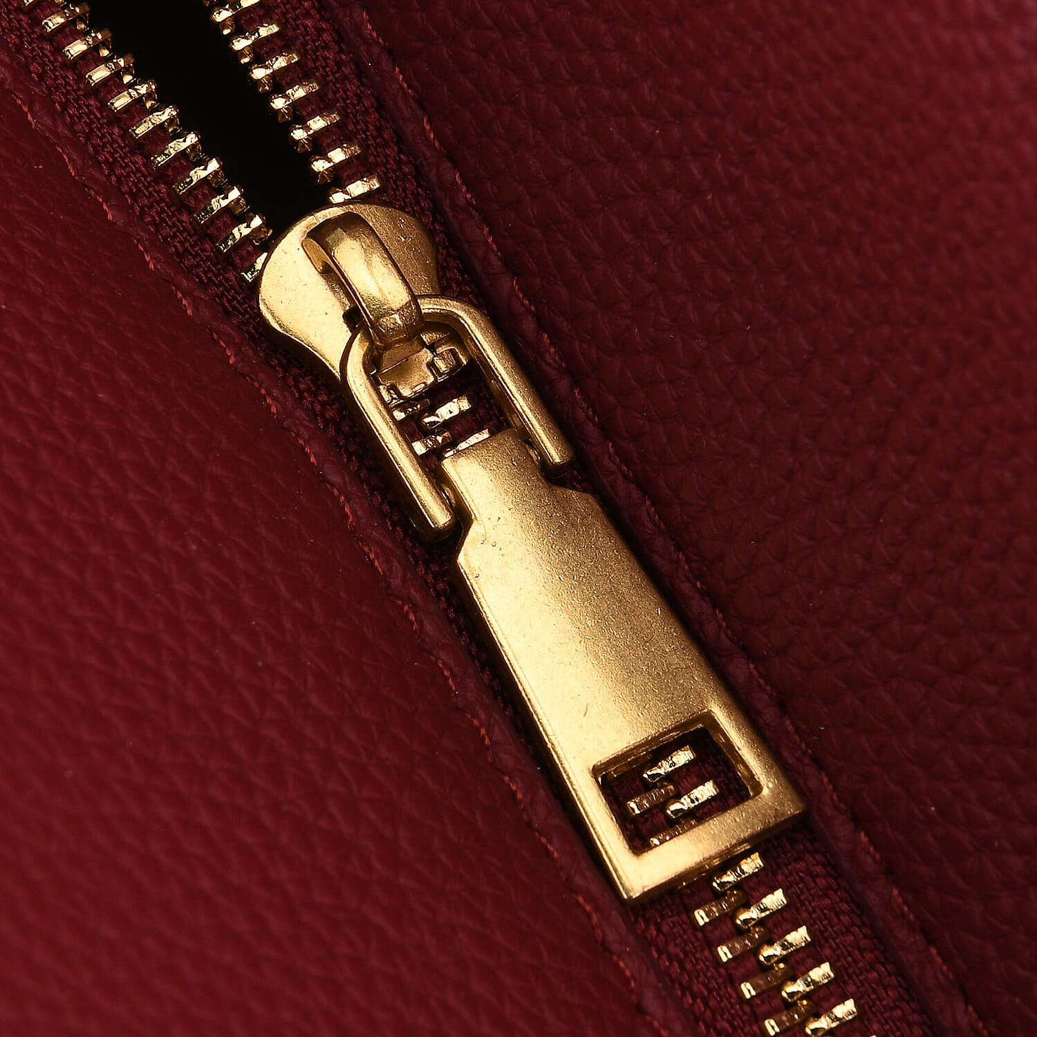 Genuine Leather Structured Top Handle Handbag with Gold Clasp & Shoulder Strap - Burgundy