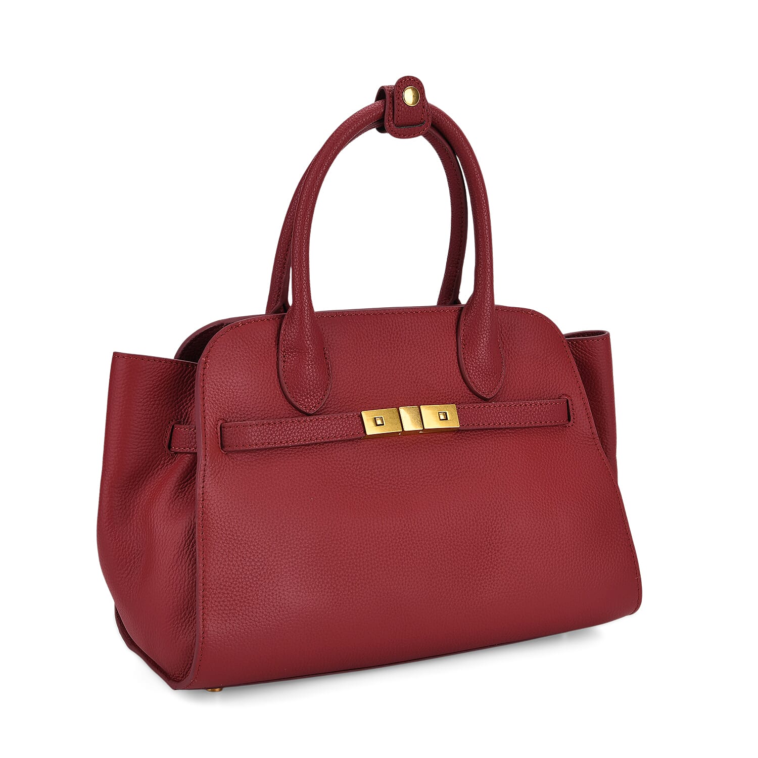 Genuine Leather Structured Top Handle Handbag with Gold Clasp & Shoulder Strap - Burgundy