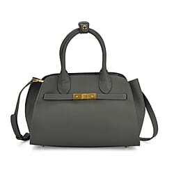 Genuine Leather Structured Top Handle Handbag with Gold Clasp & Shoulder Strap - Burgundy