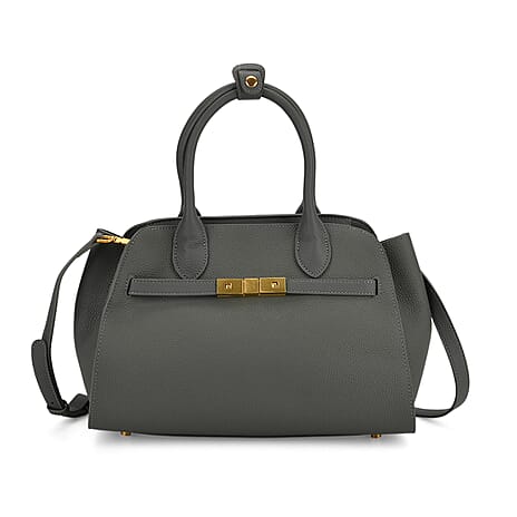 Genuine Leather Structured Top Handle Handbag with Gold Clasp & Shoulder Strap - Green