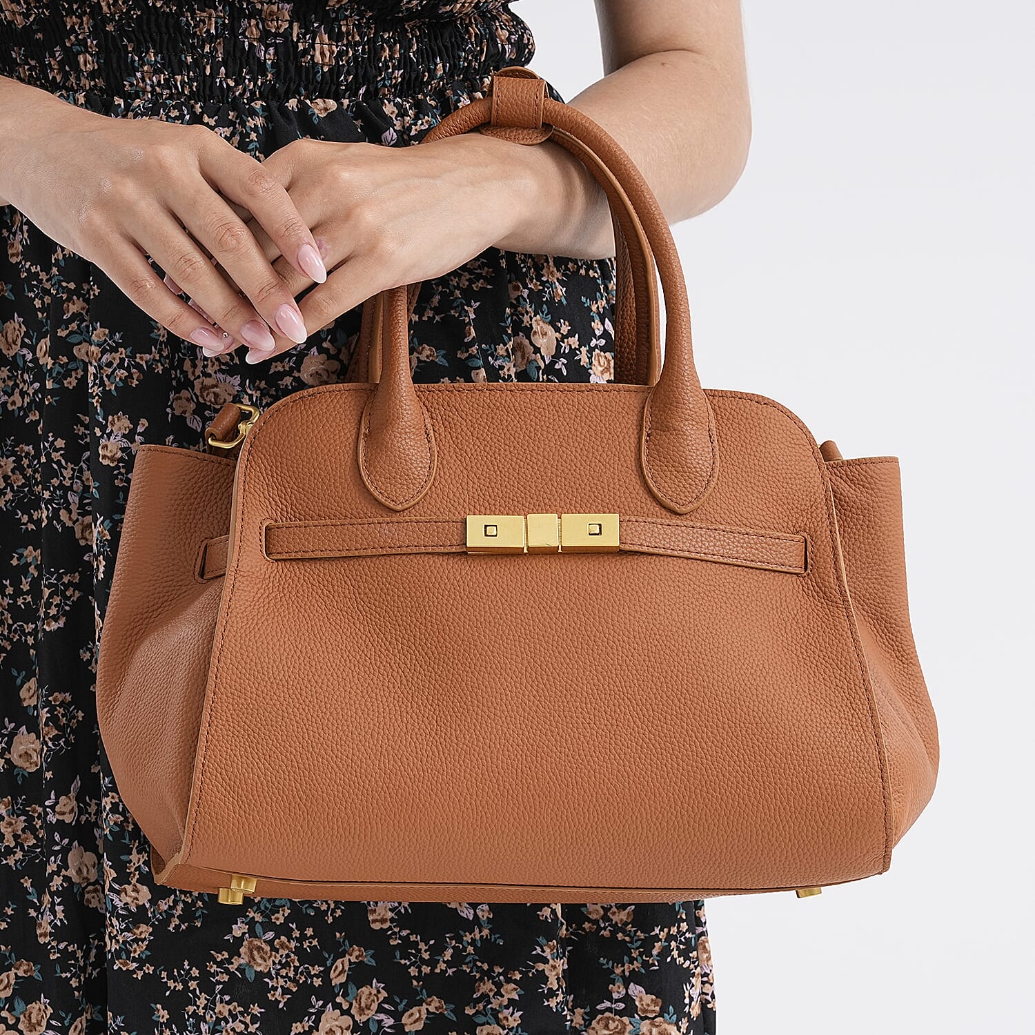 Genuine Leather Structured Top Handle Handbag with Gold Clasp & Shoulder Strap - Brown