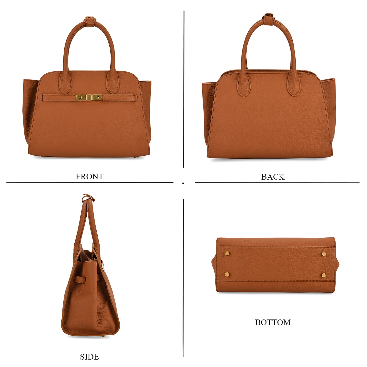 Genuine Leather Structured Top Handle Handbag with Gold Clasp & Shoulder Strap - Brown