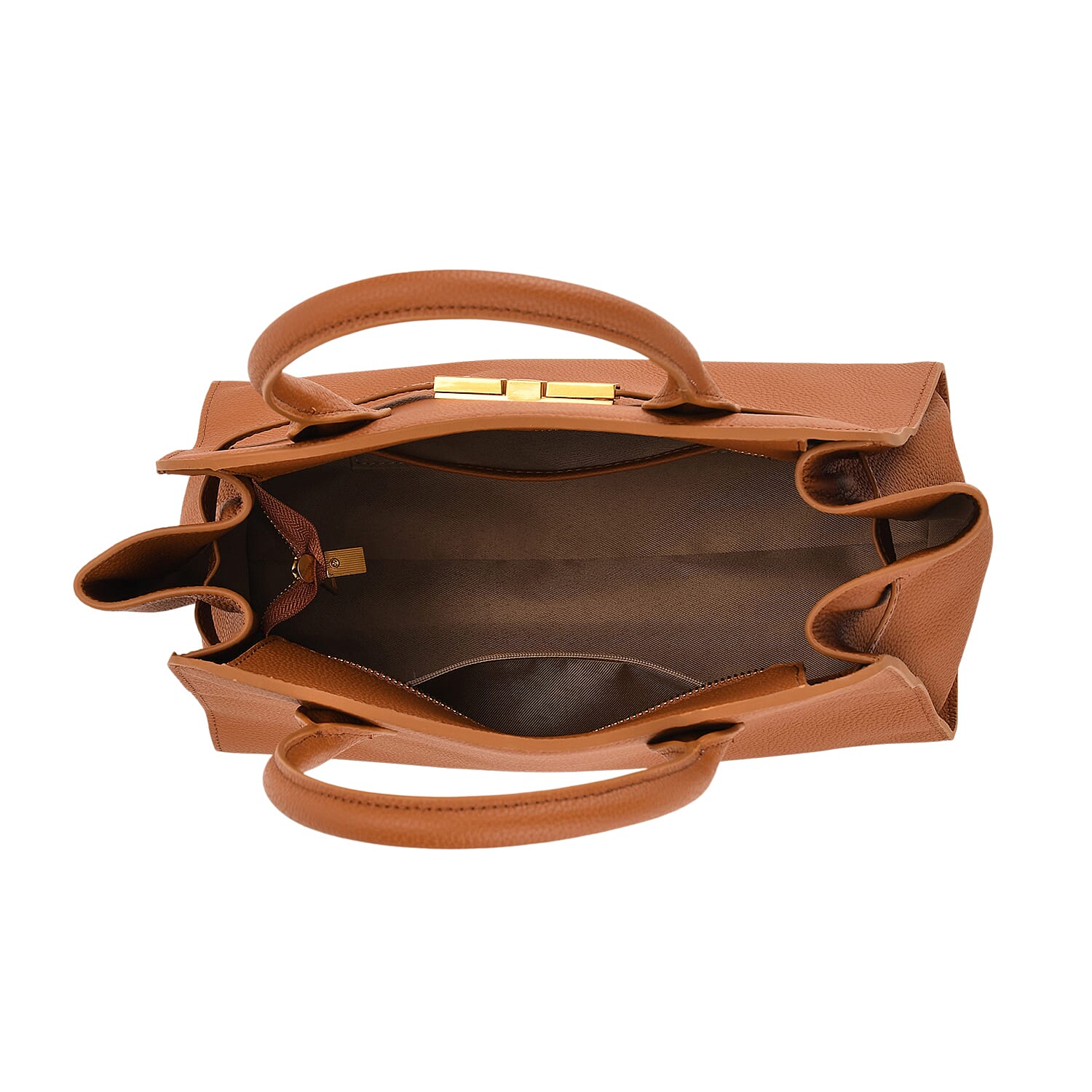 Genuine Leather Structured Top Handle Handbag with Gold Clasp & Shoulder Strap - Brown