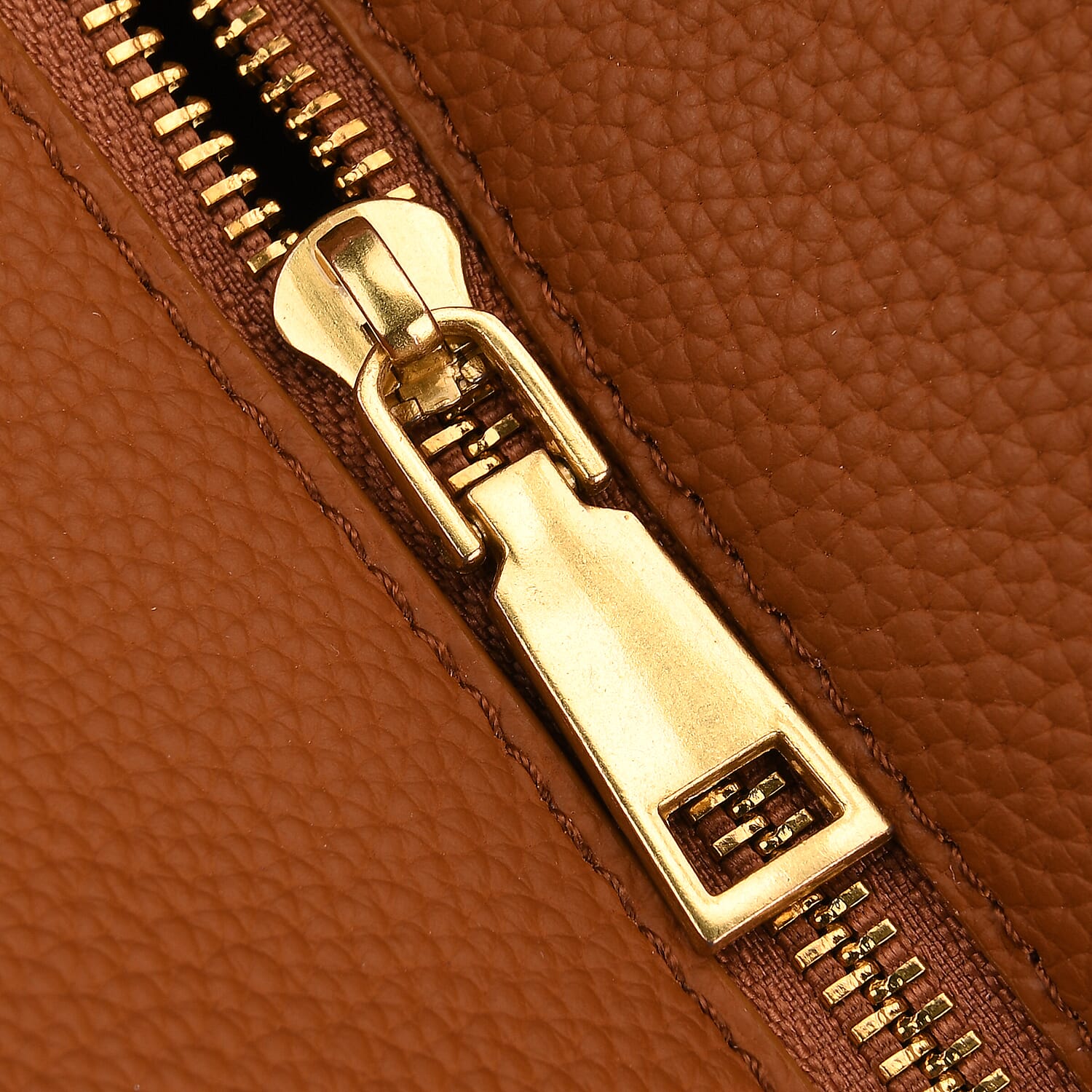 Genuine Leather Structured Top Handle Handbag with Gold Clasp & Shoulder Strap - Brown