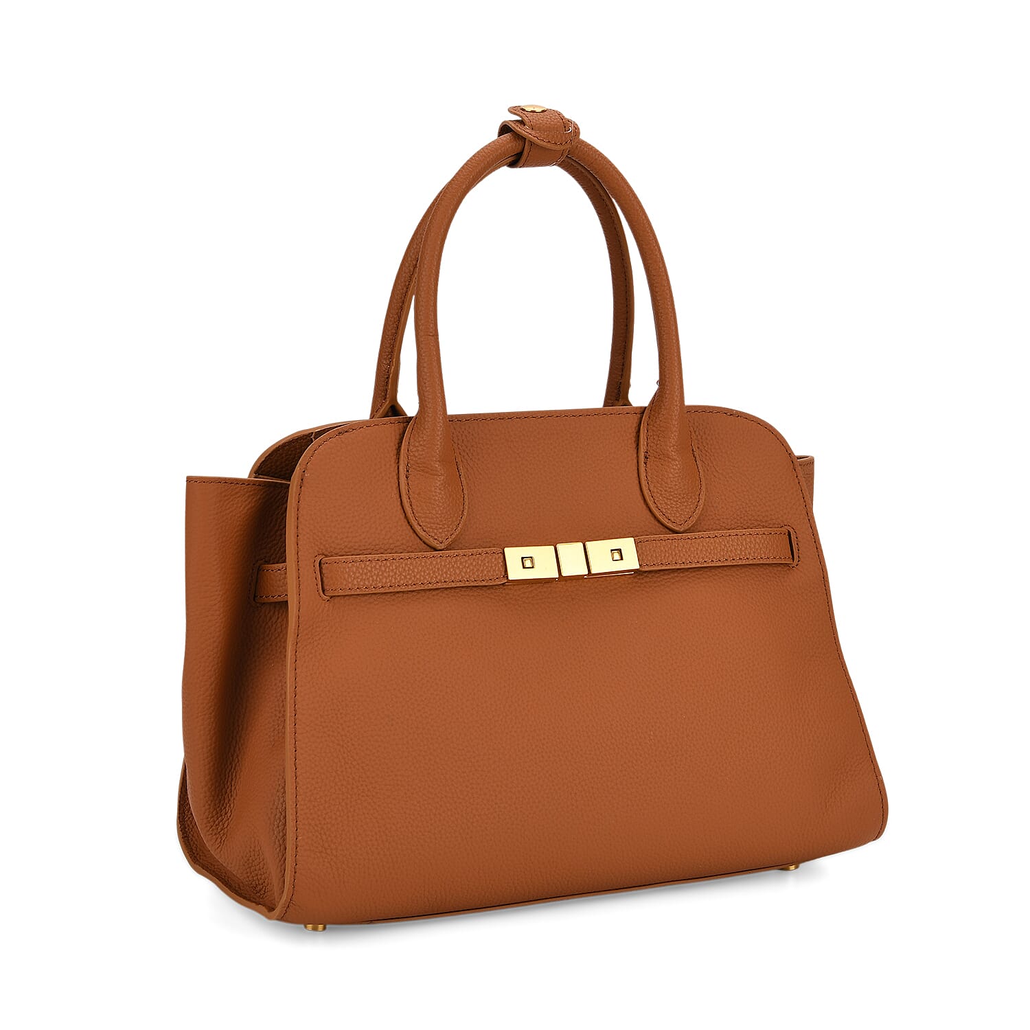Genuine Leather Structured Top Handle Handbag with Gold Clasp & Shoulder Strap - Brown