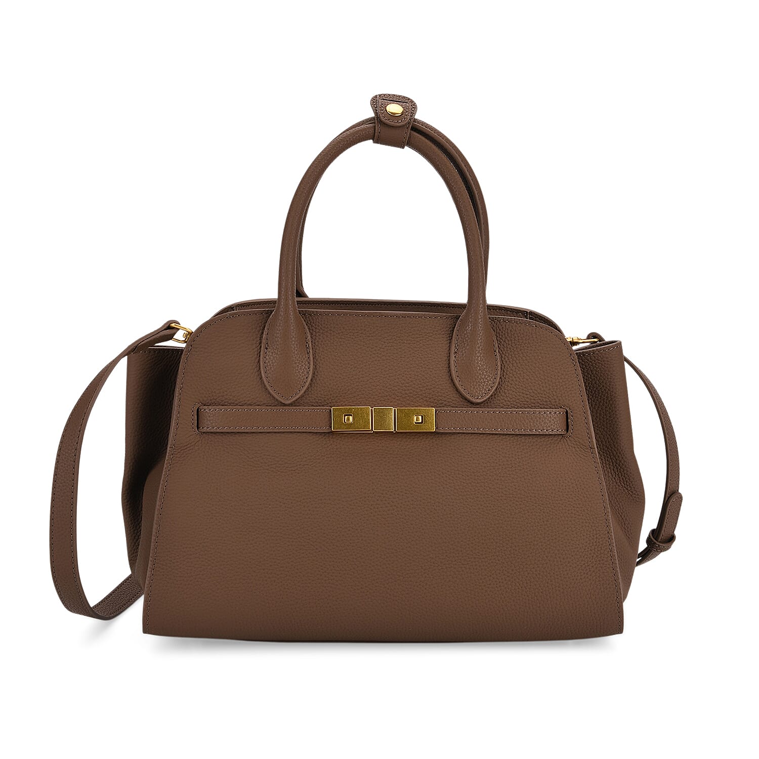 Genuine Leather Structured Top Handle Handbag with Gold Clasp & Shoulder Strap - Khaki