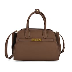 Genuine Leather Structured Top Handle Handbag with Gold Clasp & Shoulder Strap - Burgundy