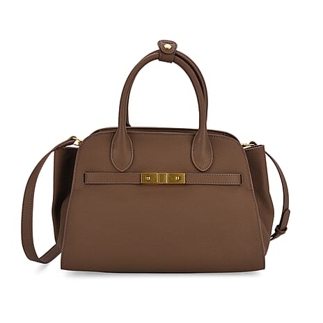 Genuine Leather Structured Top Handle Handbag with Gold Clasp & Shoulder Strap - Khaki