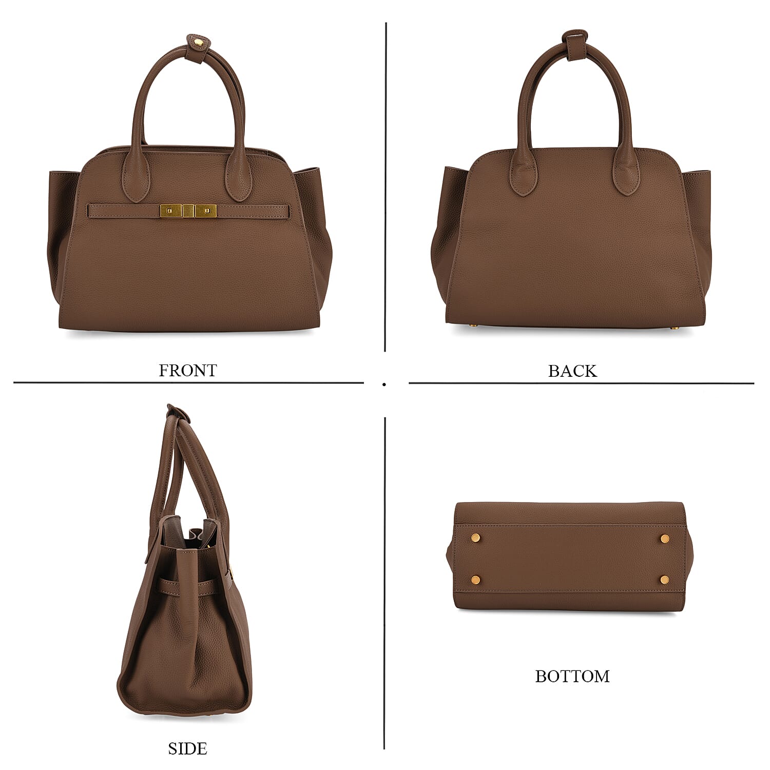 Genuine Leather Structured Top Handle Handbag with Gold Clasp & Shoulder Strap - Khaki