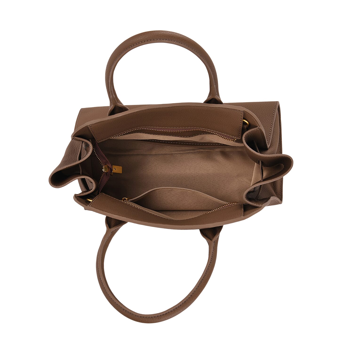 Genuine Leather Structured Top Handle Handbag with Gold Clasp & Shoulder Strap - Khaki