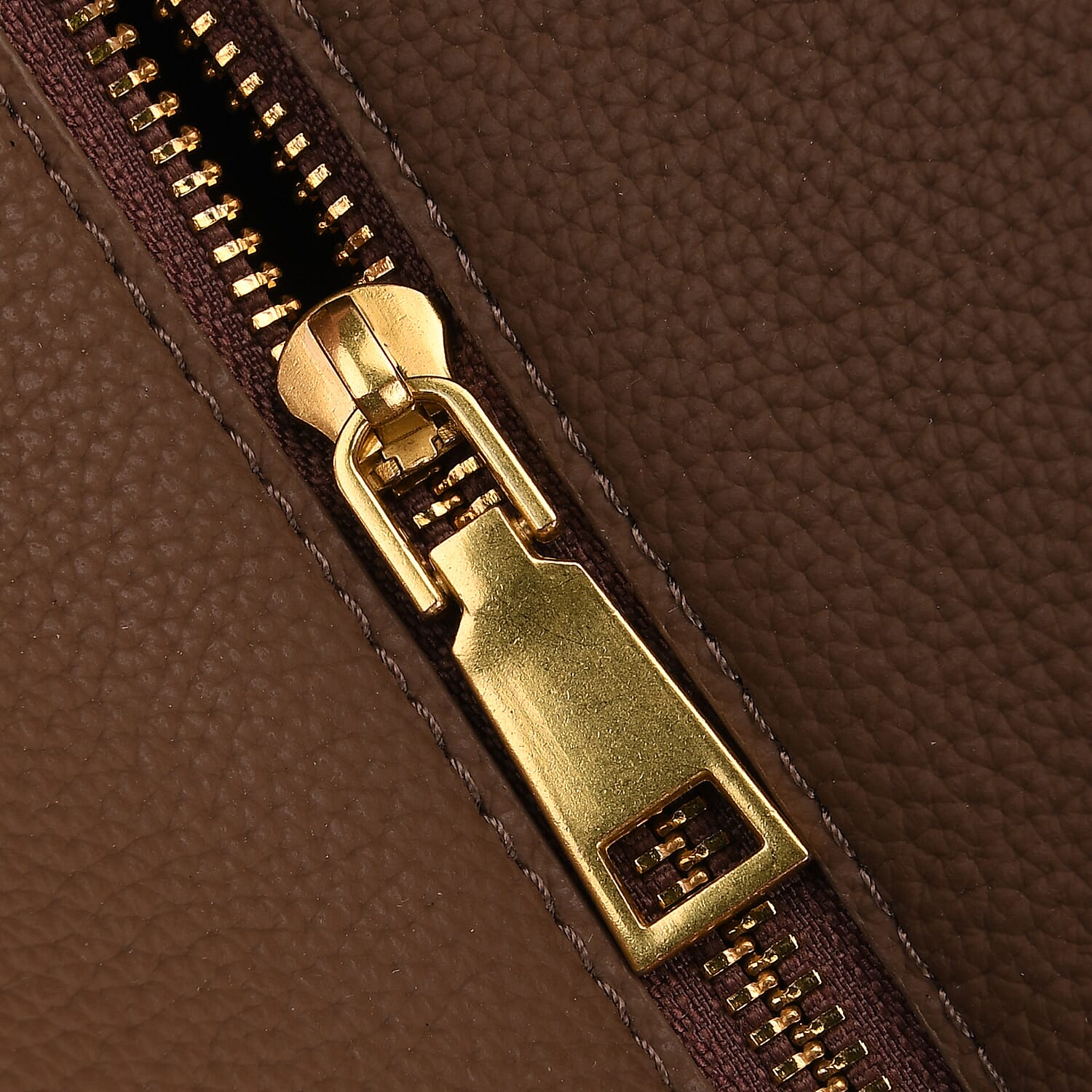 Genuine Leather Structured Top Handle Handbag with Gold Clasp & Shoulder Strap - Khaki