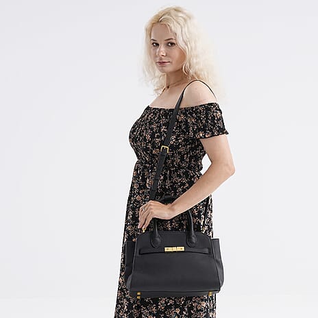 Genuine Leather Structured Top Handle Handbag with Gold Clasp & Shoulder Strap - Black