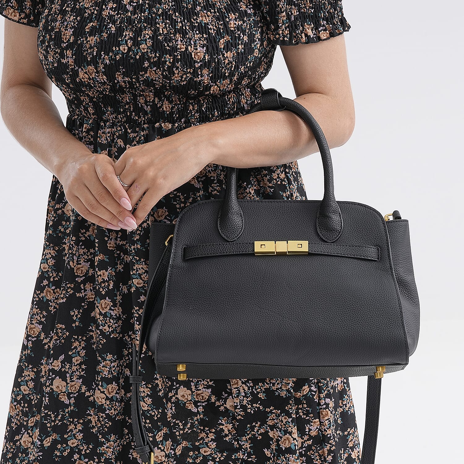 Genuine Leather Structured Top Handle Handbag with Gold Clasp & Shoulder Strap - Black