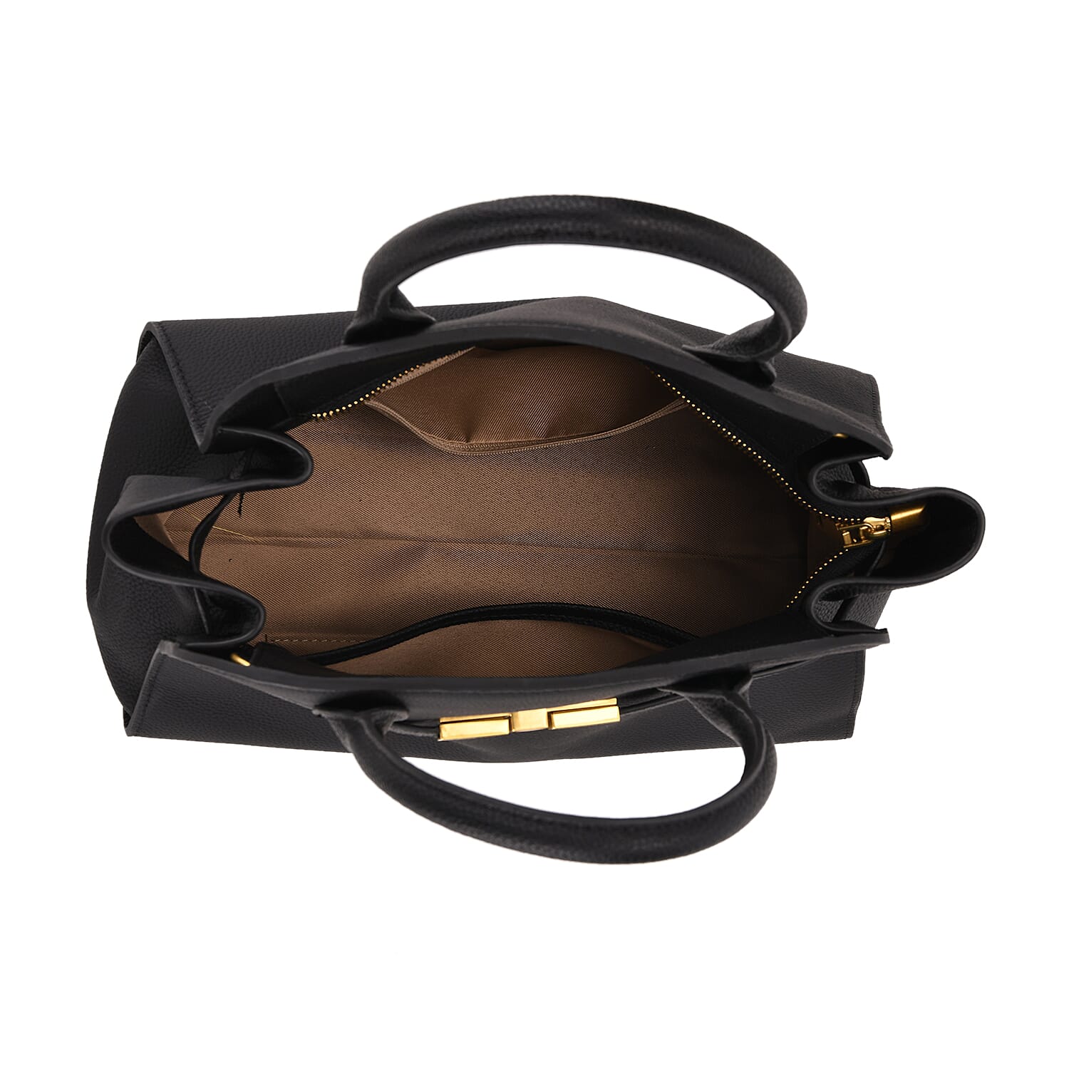 Genuine Leather Structured Top Handle Handbag with Gold Clasp & Shoulder Strap - Black