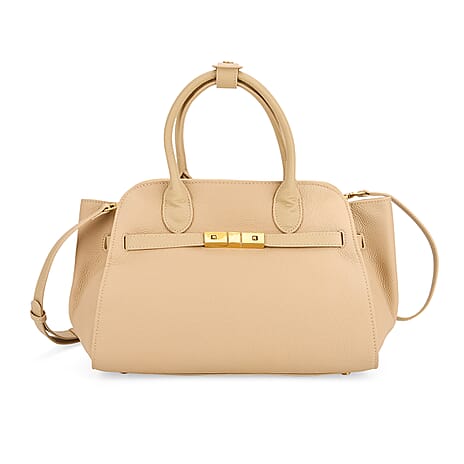 Genuine Leather Structured Top Handle Handbag with Gold Clasp & Shoulder Strap - Beige