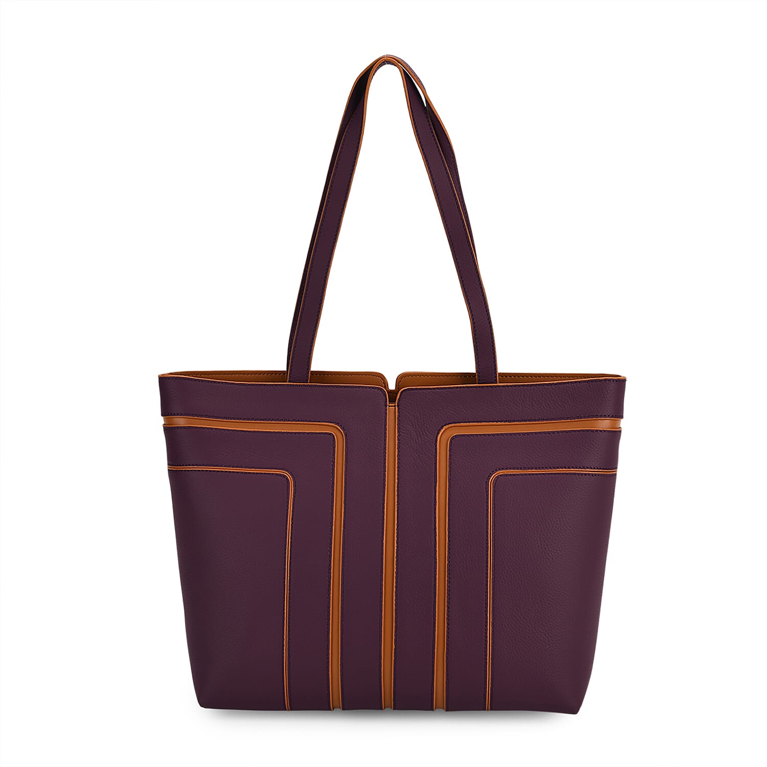 Genuine Leather Tote Bag with Handle Drop - Dark Purple & Brown