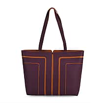 Genuine Leather Tote Bag with Handle Drop - Dark Purple & Brown