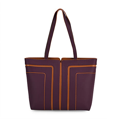 Genuine Leather Tote Bag with Handle Drop - Dark Purple & Brown
