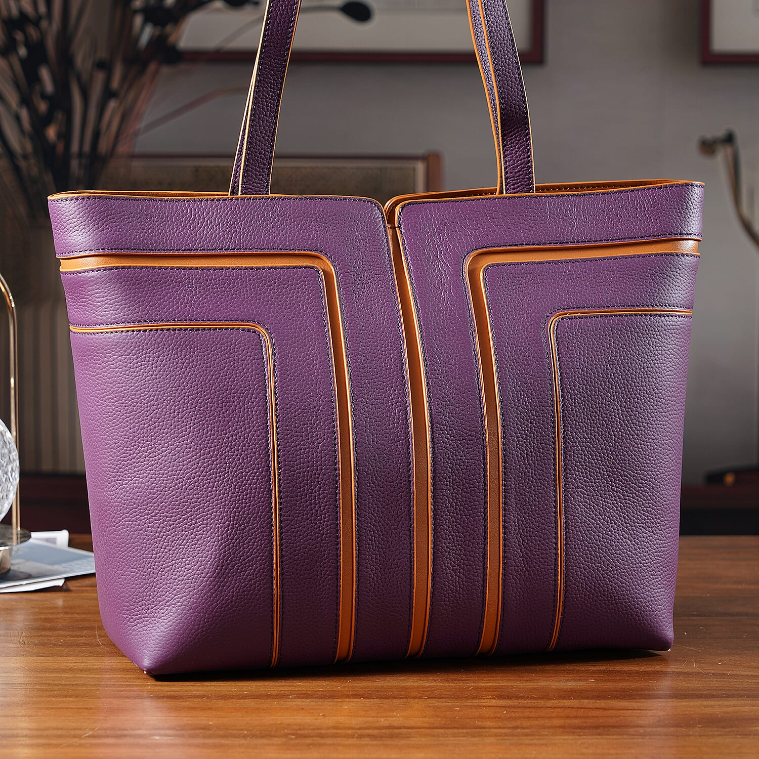 Genuine Leather Tote Bag with Handle Drop - Dark Purple & Brown